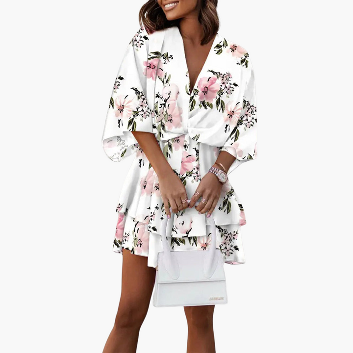 Damen Blumenkleid mit Rüschen – V-Ausschnitt Sommerkleid