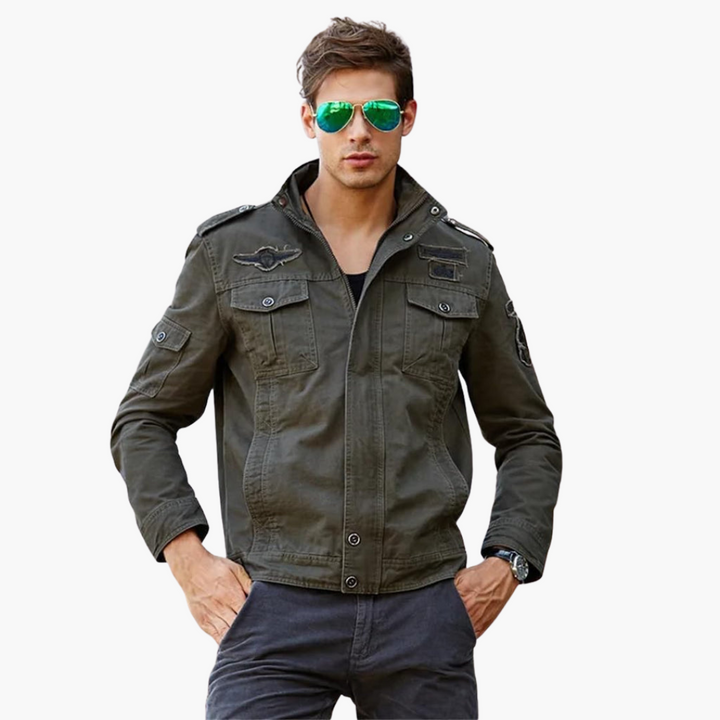 Herren Cargo Militärjacke mit Reißverschluss und Abzeichen Details