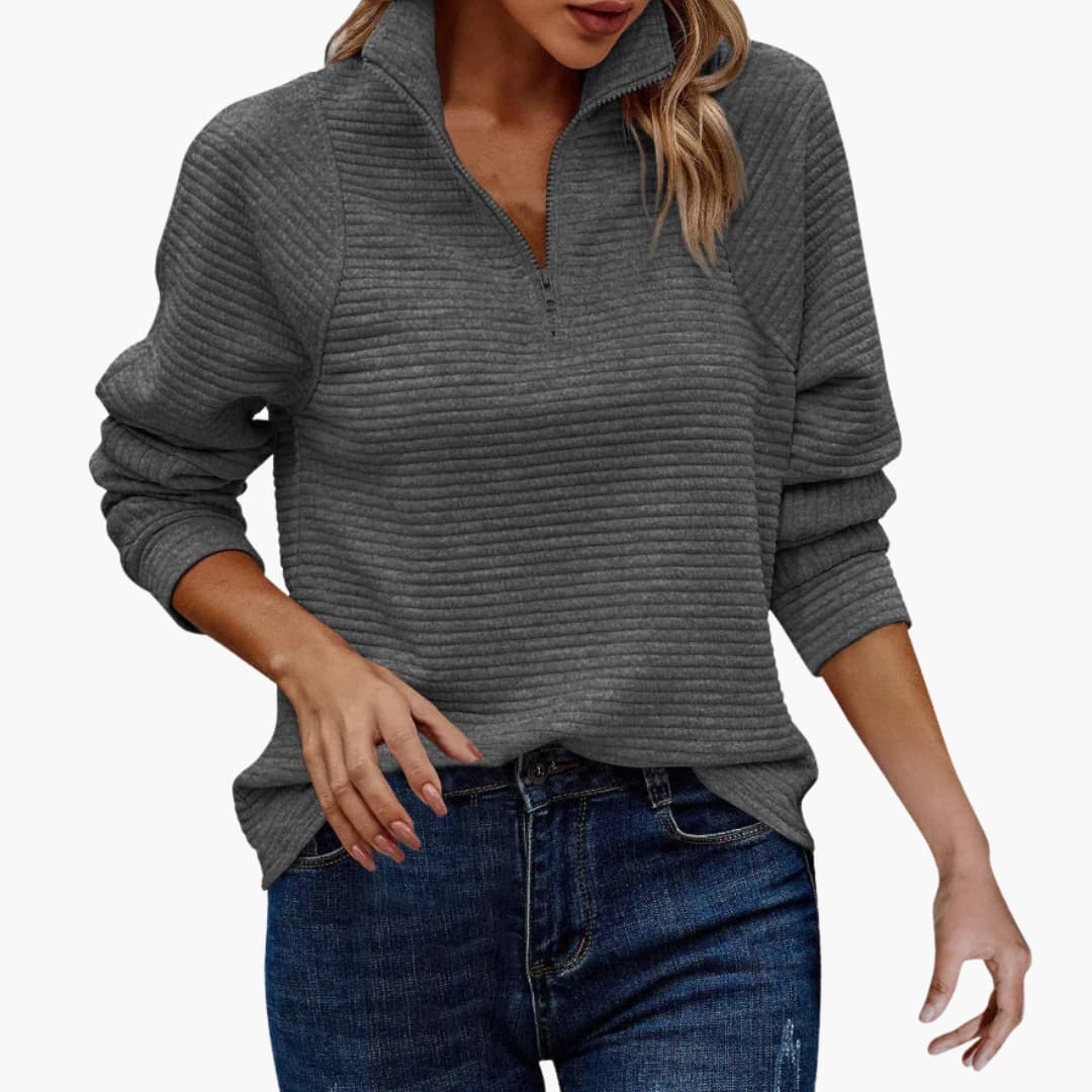 Damen Halbzip Pullover mit Rippstruktur und Stehkragen