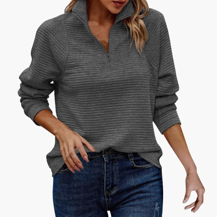 Damen Halbzip Pullover mit Rippstruktur und Stehkragen