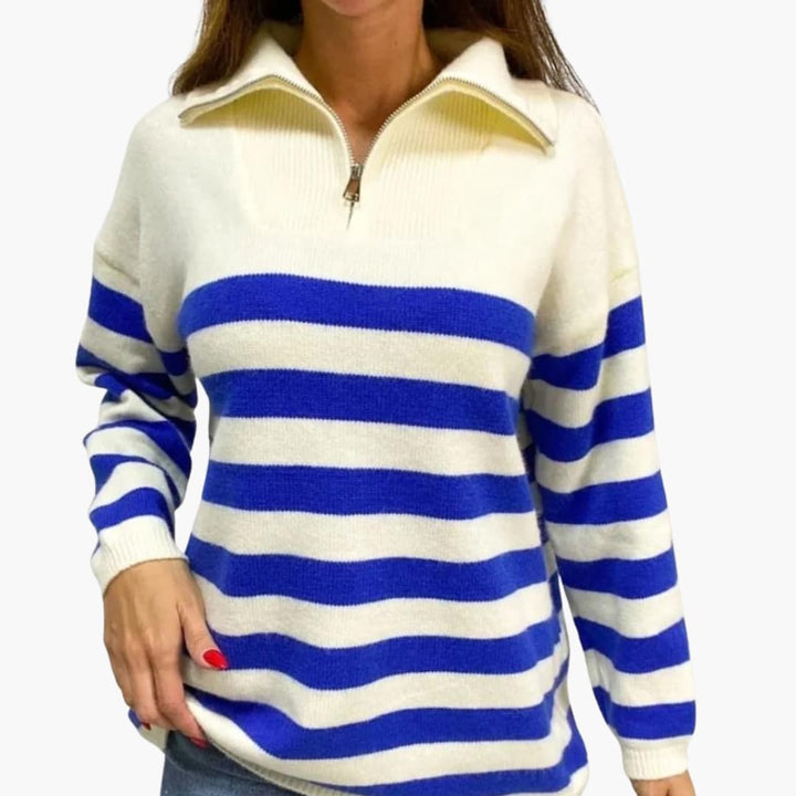 Gestreifter Reißverschluss Pullover für Damen mit Stehkragen