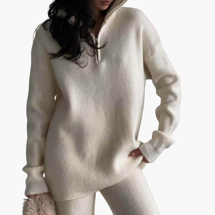 Damen Rippstrick Pullover mit kurzem Reißverschlusskragen