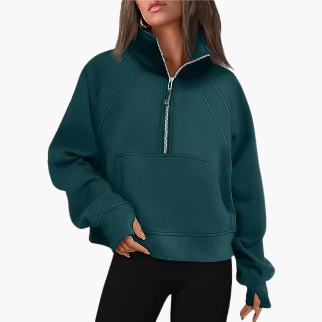 Frauen Zip-Front Pullover mit hohem Kragen und Kängurutasche