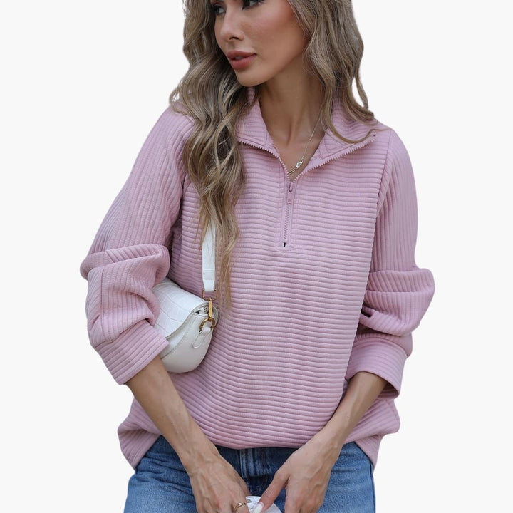 Frauen Pullover mit halbem Reißverschluss und gerippter Textur, lockere Passform