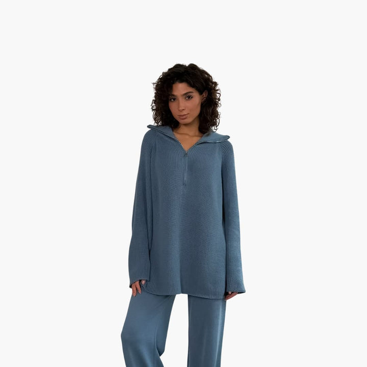 Damen Sweatshirt im Loose Fit mit Halbreißverschluss und weitem Ärmel