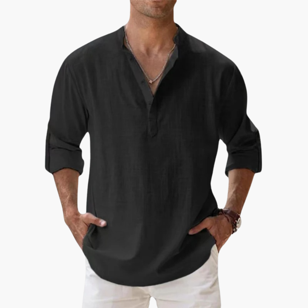 Lässiges Herren Leinenhemd – Langarm, Henley Stil