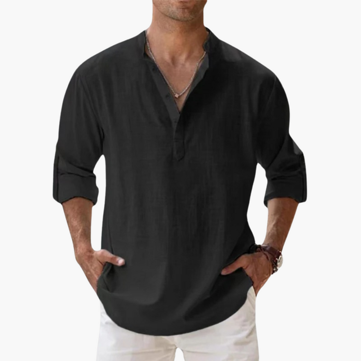 Lässiges Herren Leinenhemd – Langarm, Henley Stil