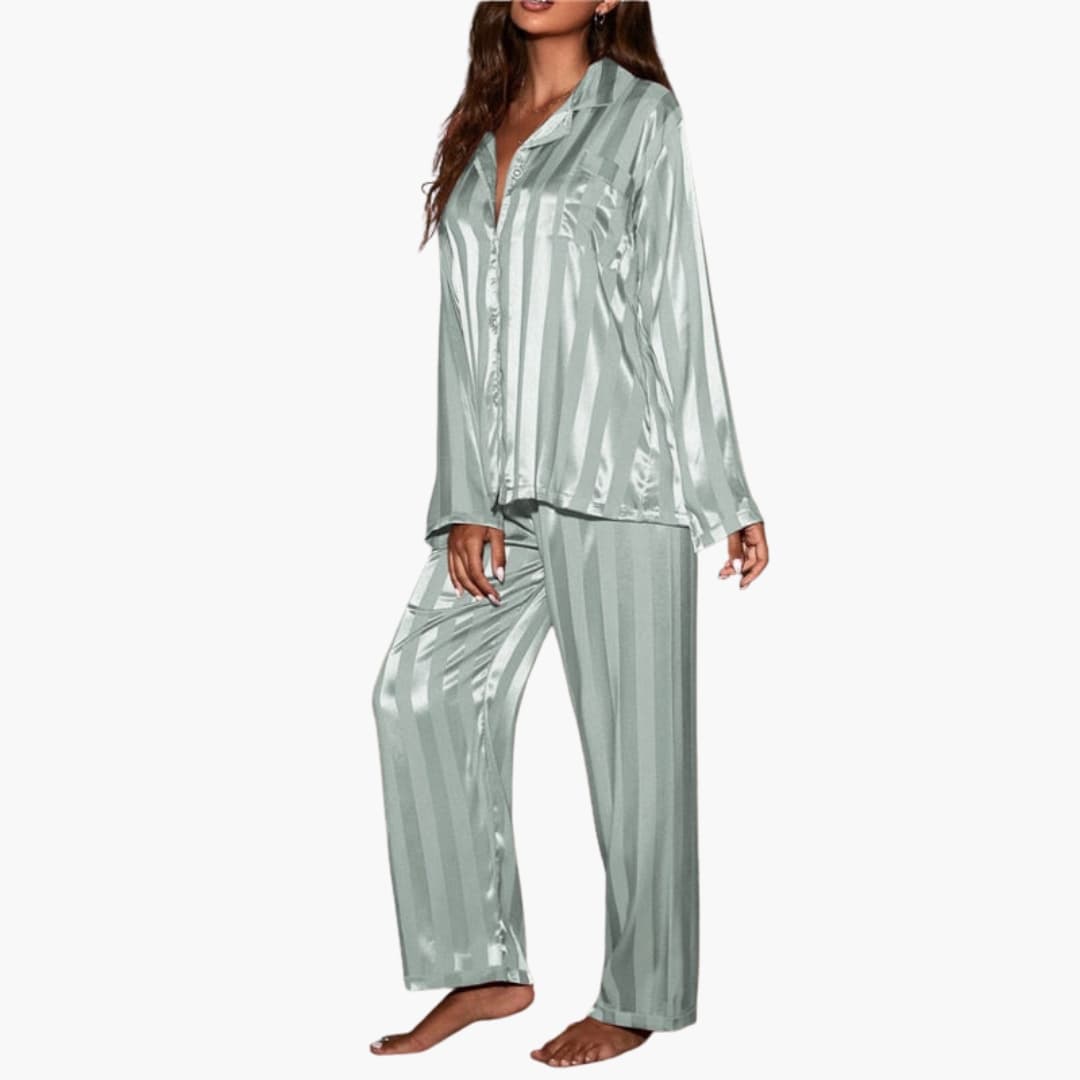 Damen Satin Pyjama Set mit Knopfoberteil und Streifendesign