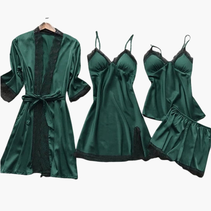 Damen Satin Schlafanzug Set mit Morgenmantel und Spitzendetails