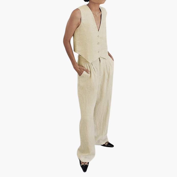 Zweiteiler mit V-Ausschnitt leinen - Damen Sommer Zweiteiler