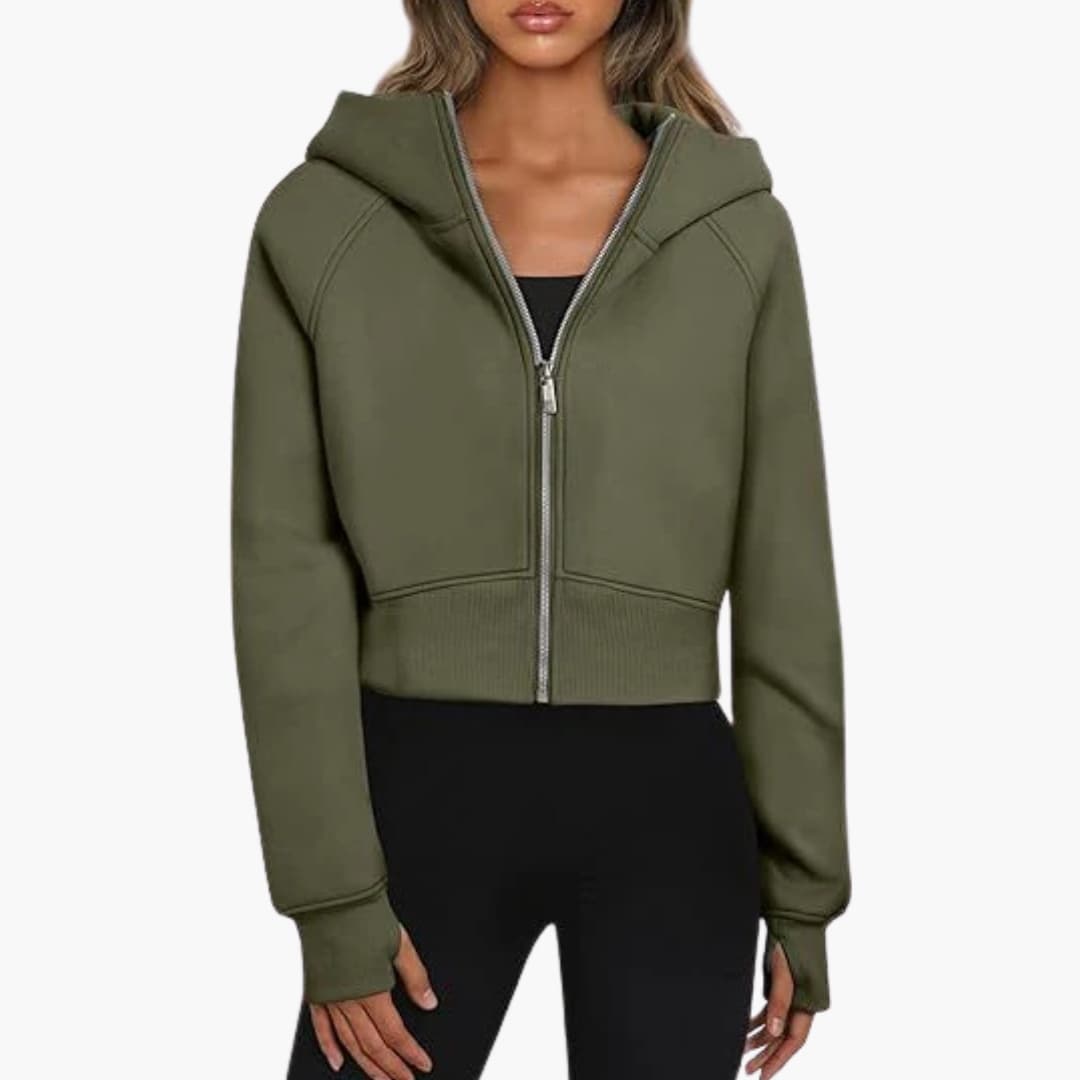 Damen Cropped Hoodie mit Reißverschluss und elastischem Bund