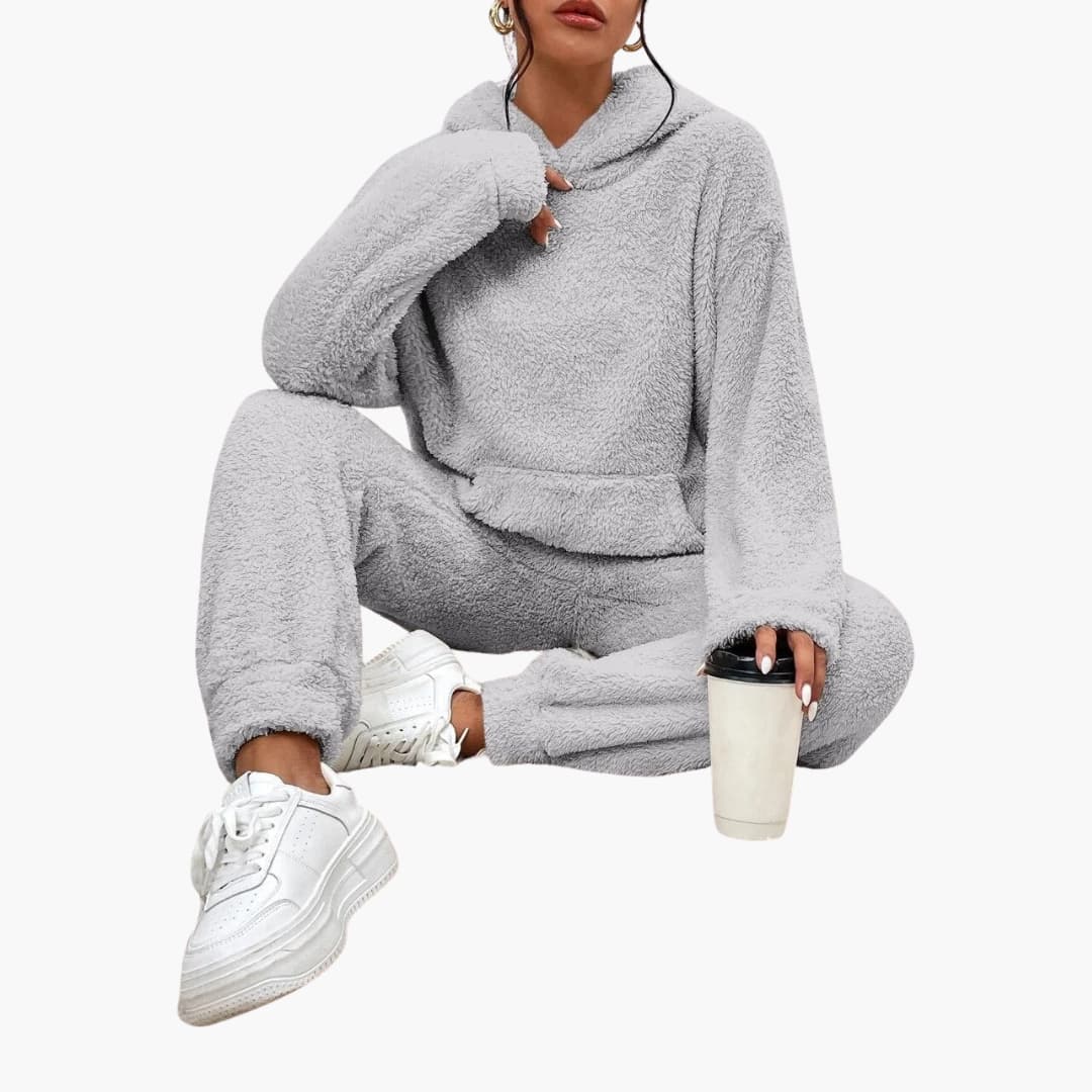 Damen Teddy Hoodie und Hosen Set mit Kängurutasche