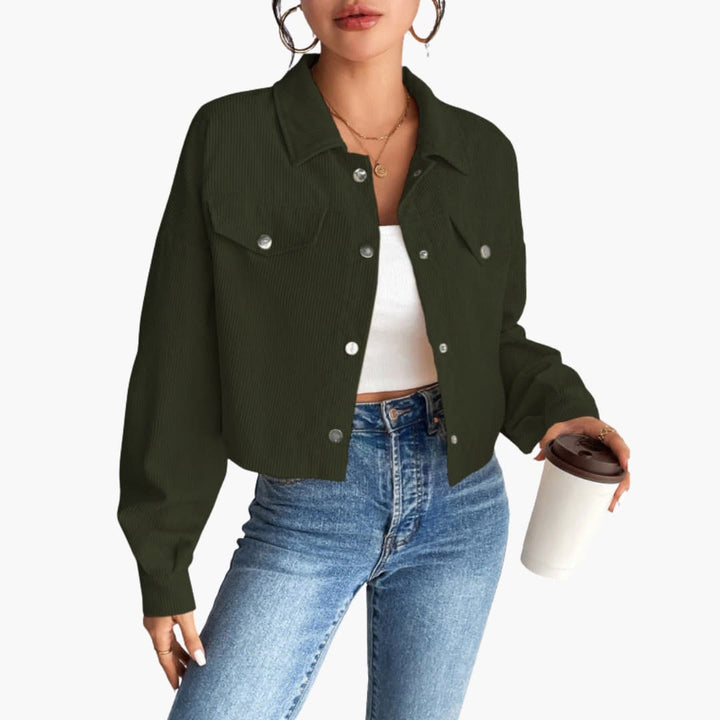 Damen Cropped Cordjacke mit Druckknöpfen