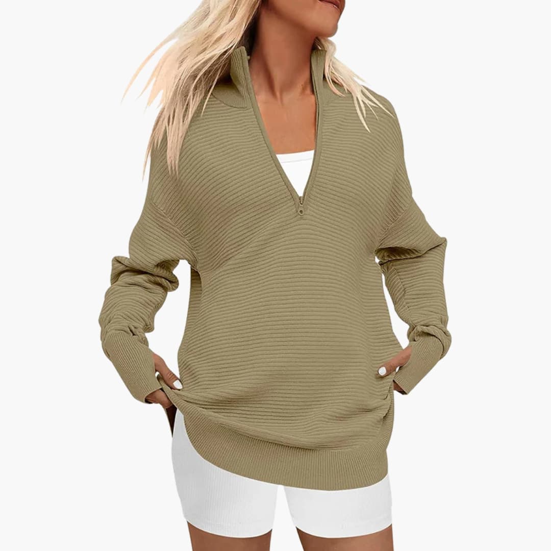 Damen Oversized Pullover mit Stehkragen und Reißverschluss