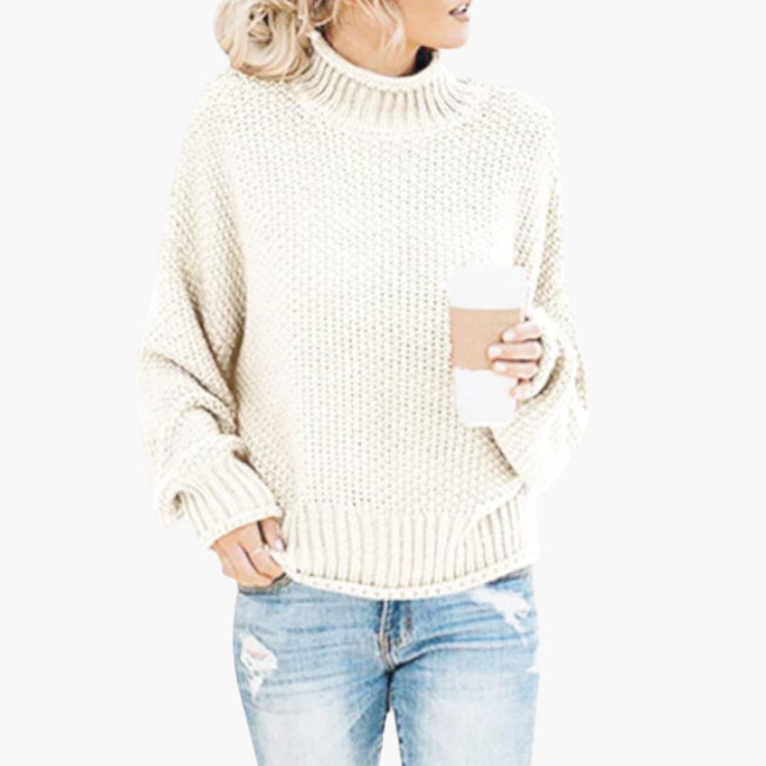 Damen pullover mit hohem Halsausschnitt und geripptem Saum