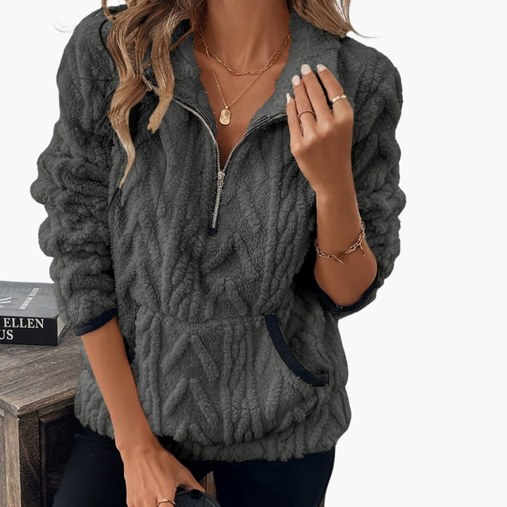 Damen Fleece Pullover mit Reißverschluss und Seitentaschen