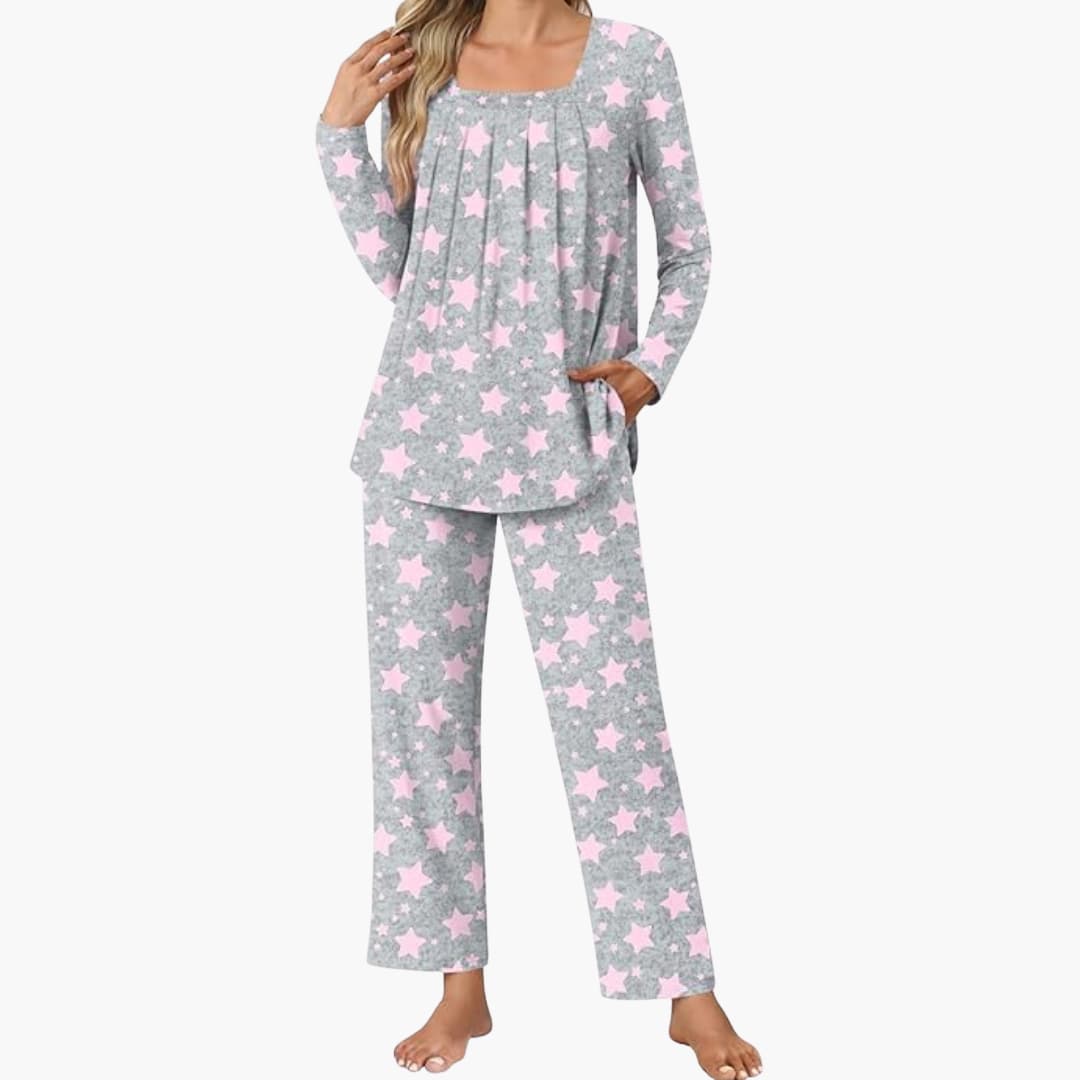 Damen Pyjama Set mit langen Ärmeln und Sternenmuster
