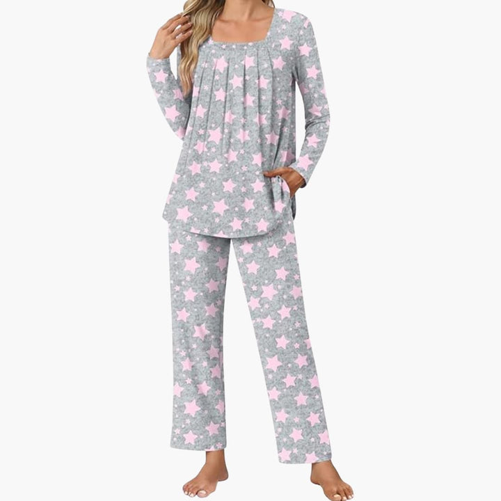 Damen Pyjama Set mit langen Ärmeln und Sternenmuster