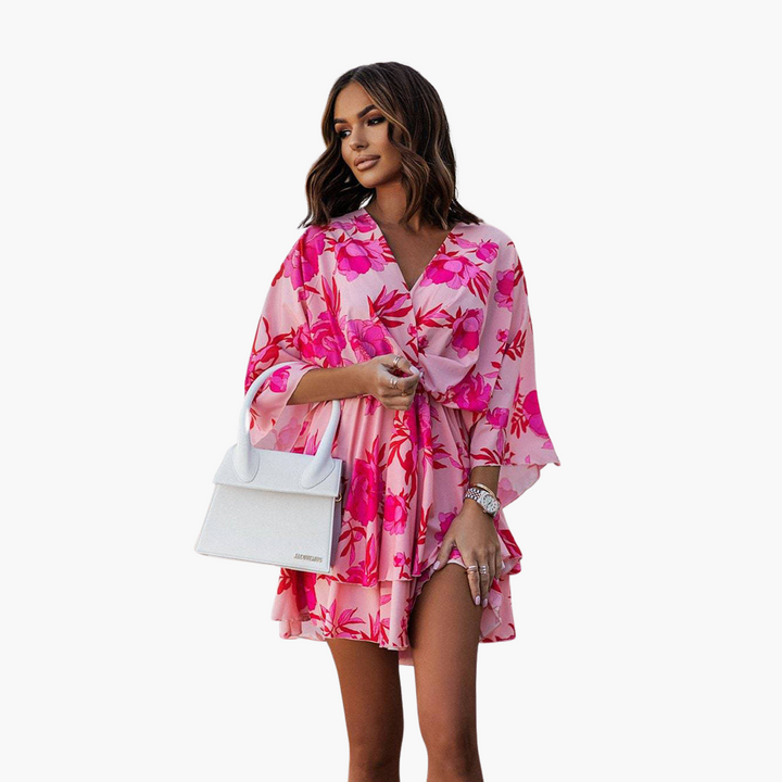 Damen Blumenkleid mit Rüschen – V-Ausschnitt Sommerkleid