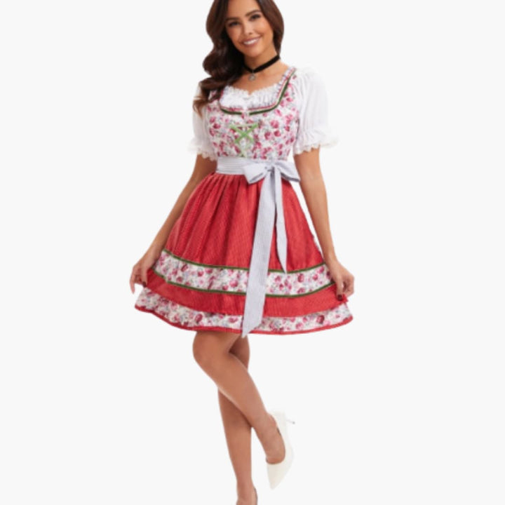 Dirndlkleid für Damen mit Blumenmieder und Schürzenband