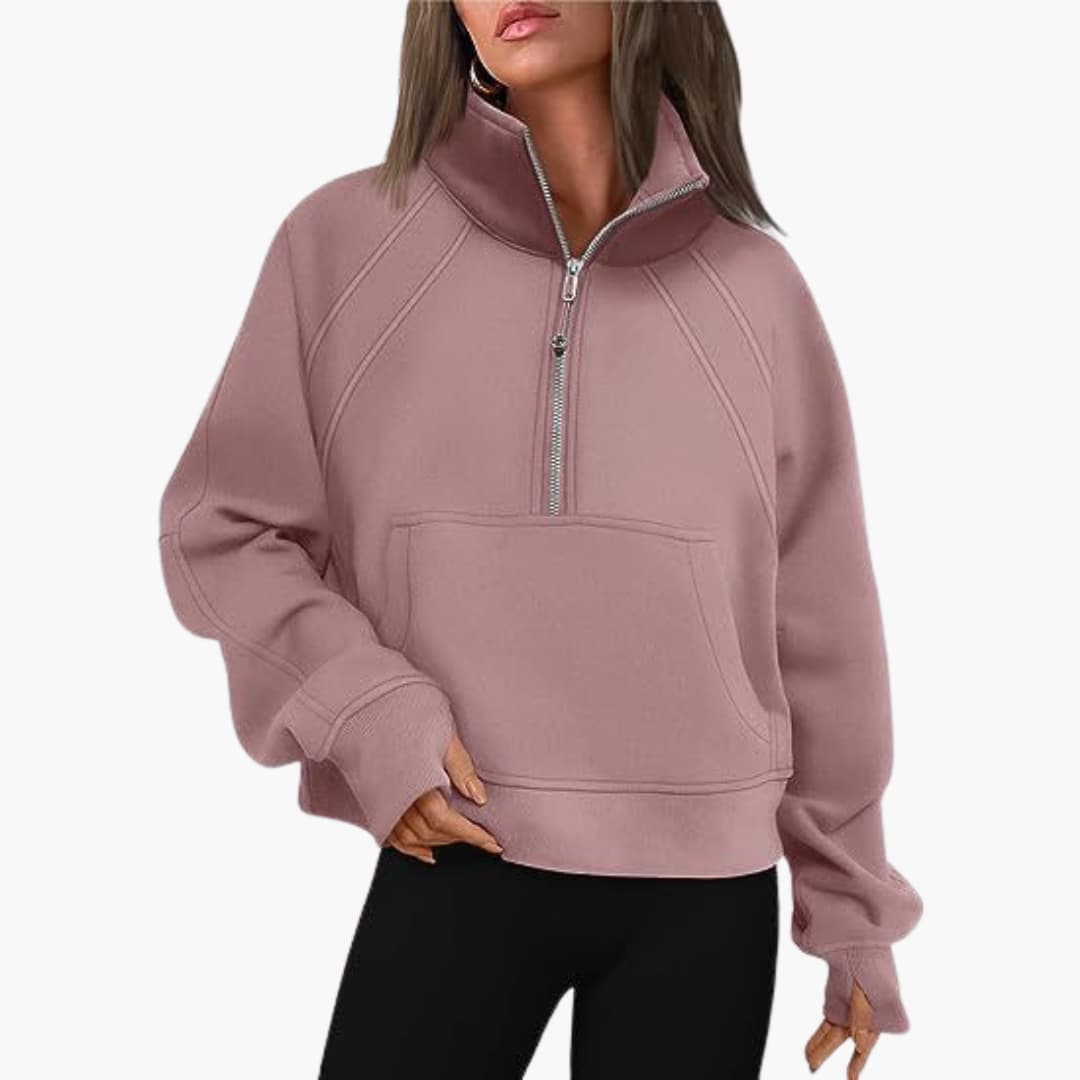 Frauen Zip-Front Pullover mit hohem Kragen und Kängurutasche