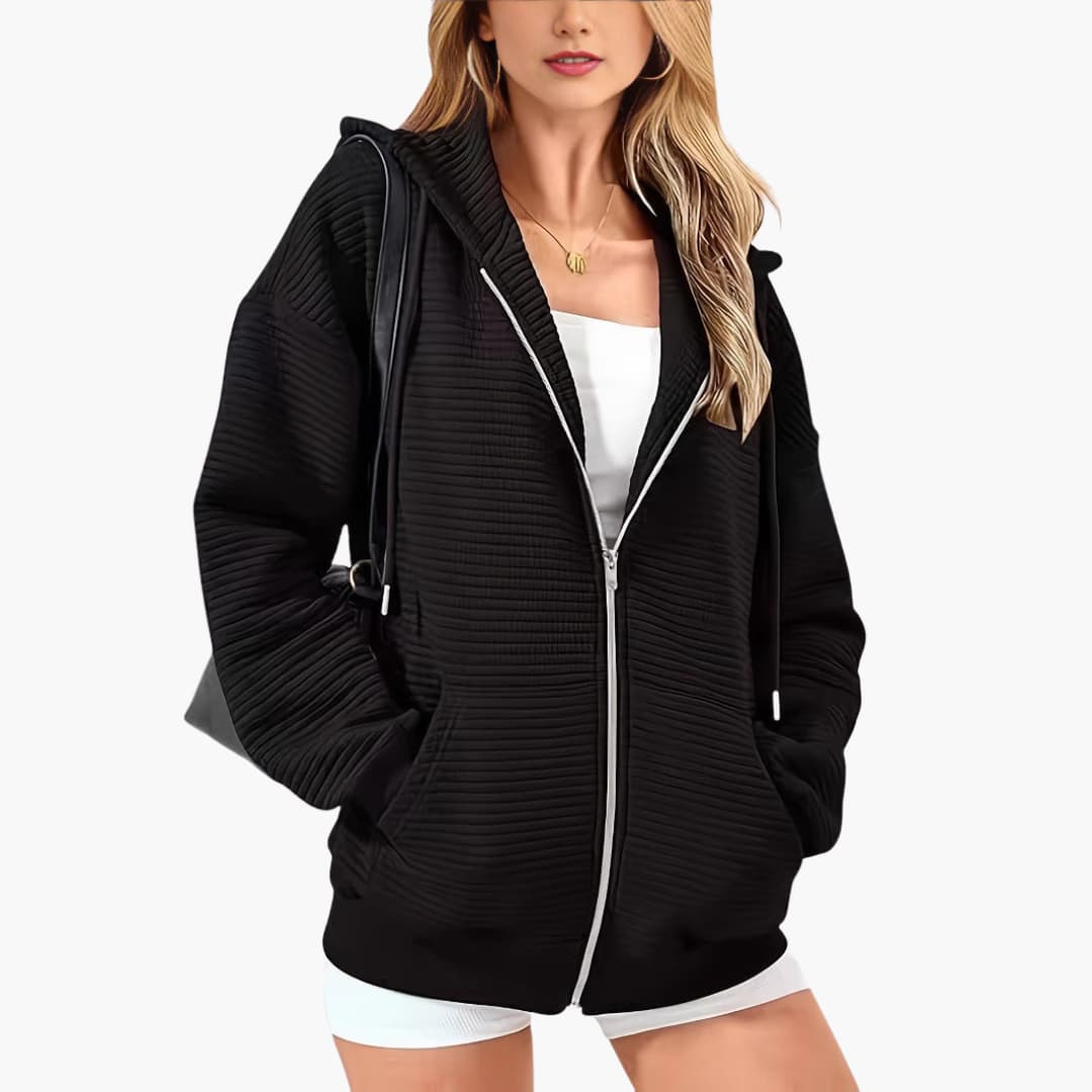 Frauen Pullover mit halbem Reißverschluss und gerippter Textur, lockere Passform