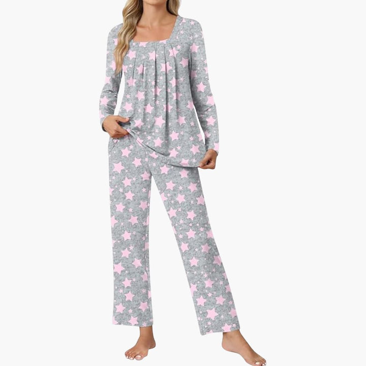Damen Pyjama Set mit langen Ärmeln und Sternenmuster