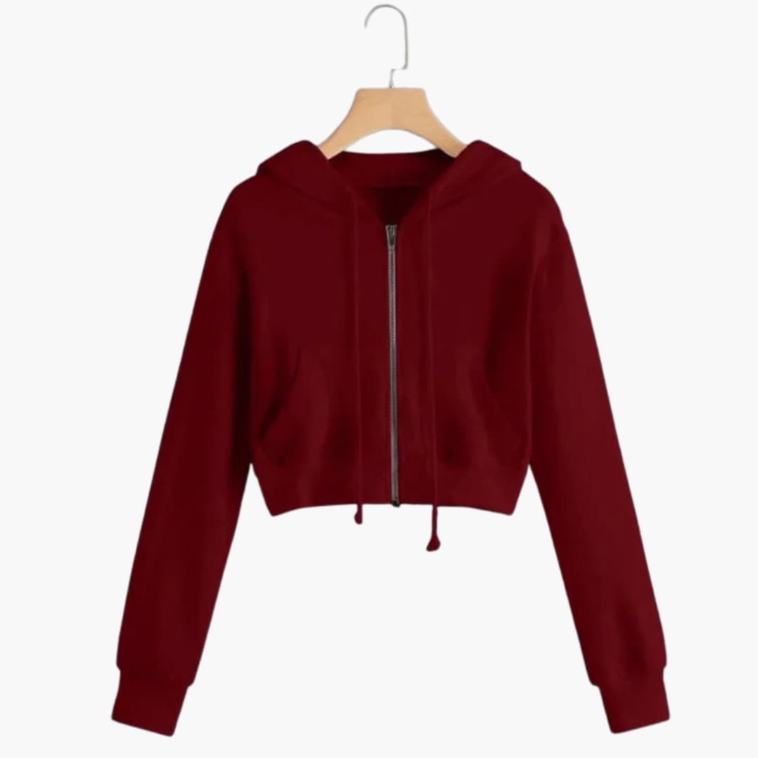 Damen Cropped Kapuzenjacke mit Reißverschluss und Kordelzug