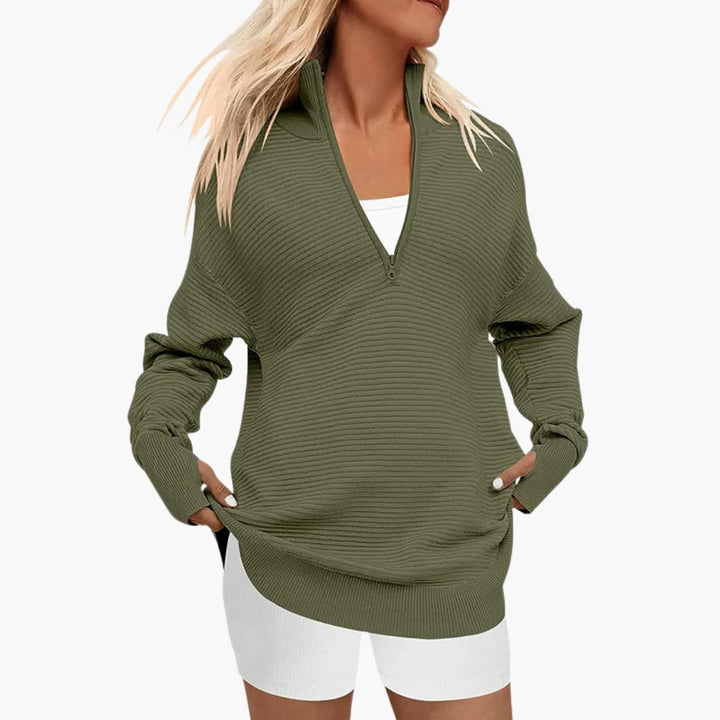 Damen Oversized Pullover mit Stehkragen und Reißverschluss