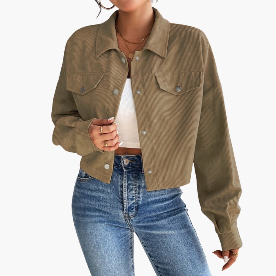 Damen Cropped Cordjacke mit Druckknöpfen