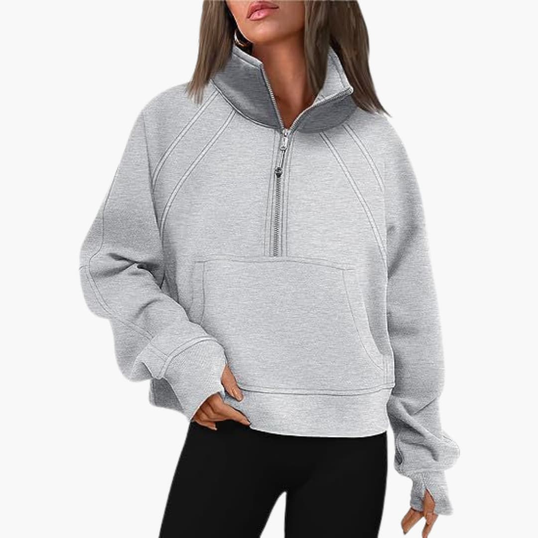 Frauen Zip-Front Pullover mit hohem Kragen und Kängurutasche