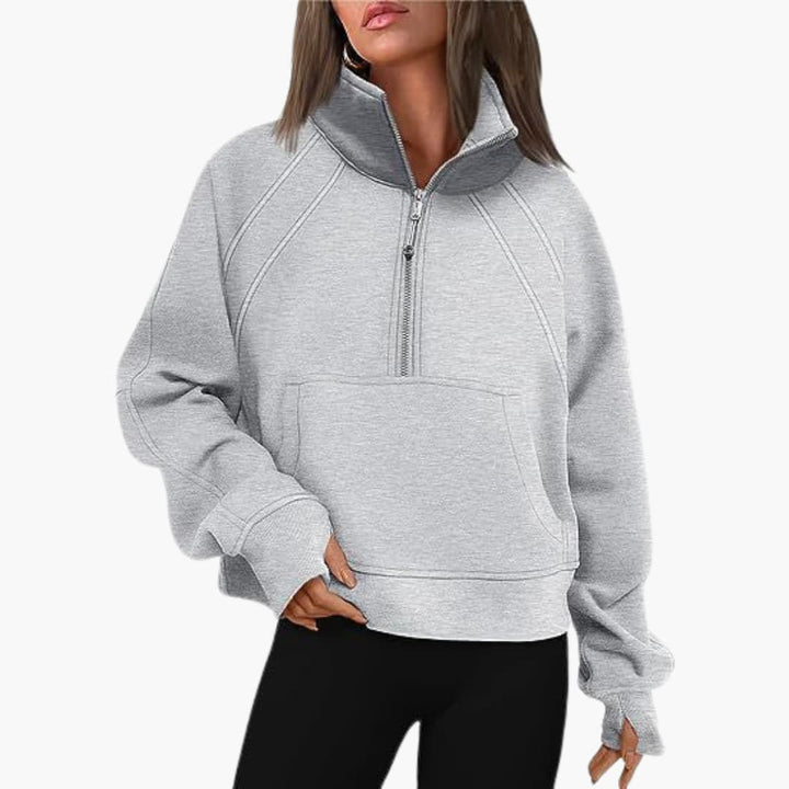 Frauen Zip-Front Pullover mit hohem Kragen und Kängurutasche