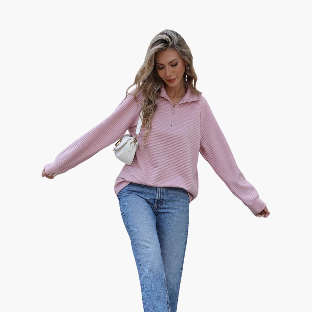 Frauen Pullover mit halbem Reißverschluss und gerippter Textur, lockere Passform