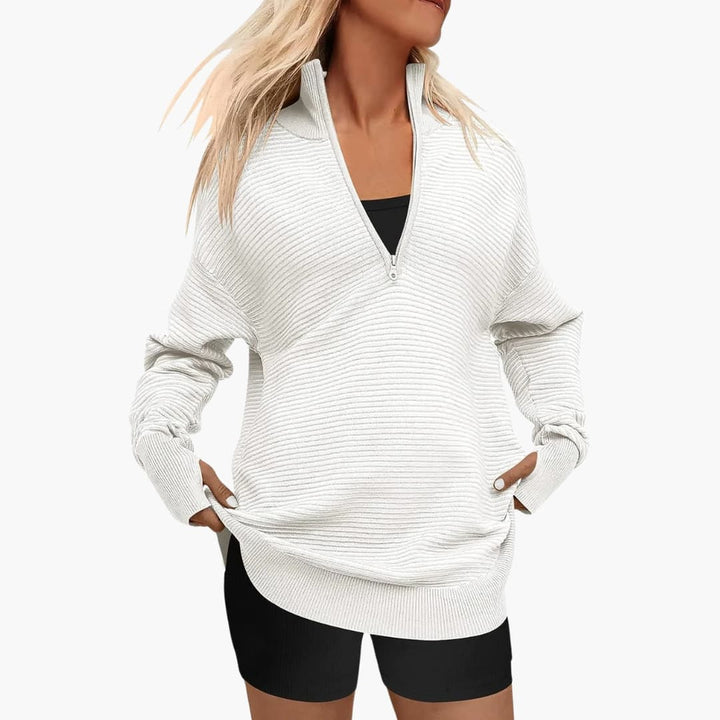 Damen Oversized Pullover mit Stehkragen und Reißverschluss