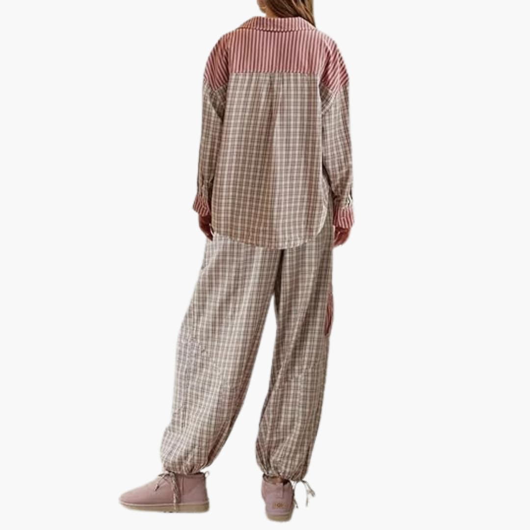 Damen Pyjama Set mit Knopfoberteil und elastischer Hose