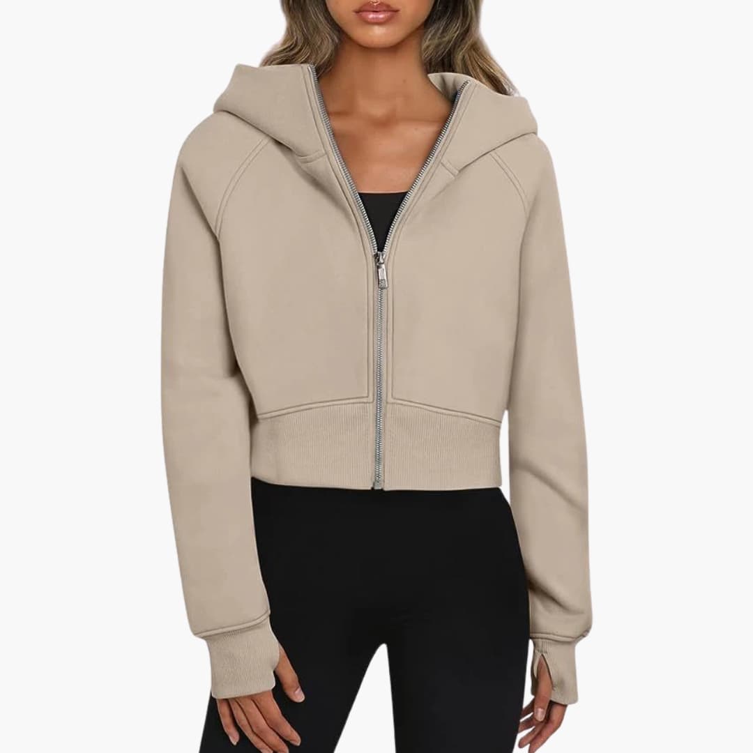 Damen Cropped Hoodie mit Reißverschluss und elastischem Bund