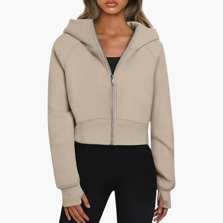 Damen Cropped Hoodie mit Reißverschluss und elastischem Bund