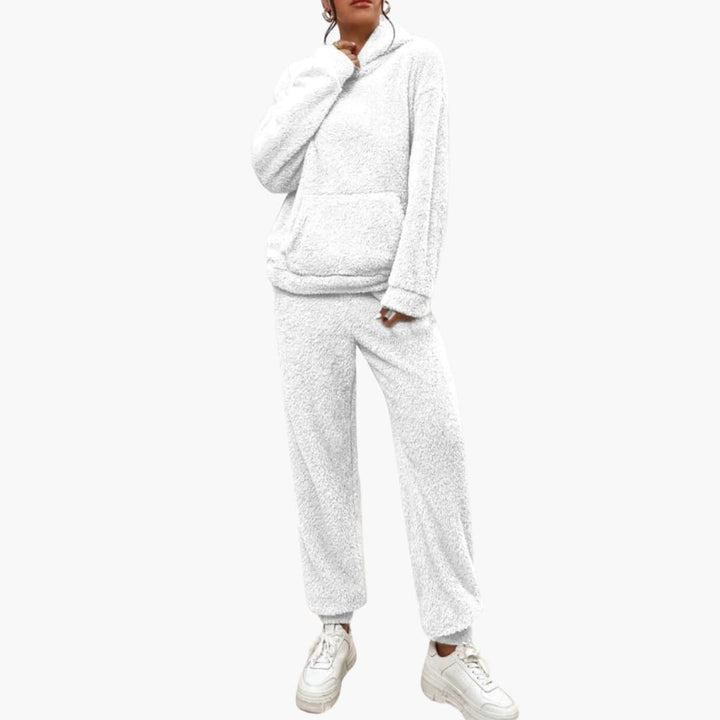Damen Teddy Hoodie und Hosen Set mit Kängurutasche