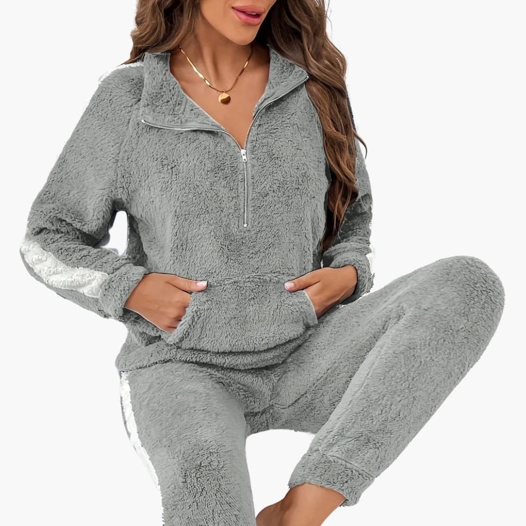 Damen Loungewear Set mit Halb-Reißverschluss und langen Ärmeln