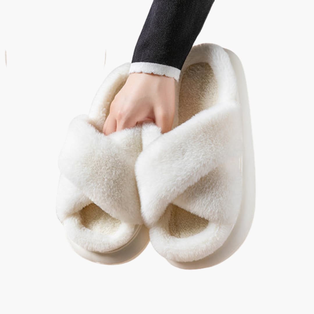 Damen Hausschuhe mit Kreuzriemen und Plüschfutter