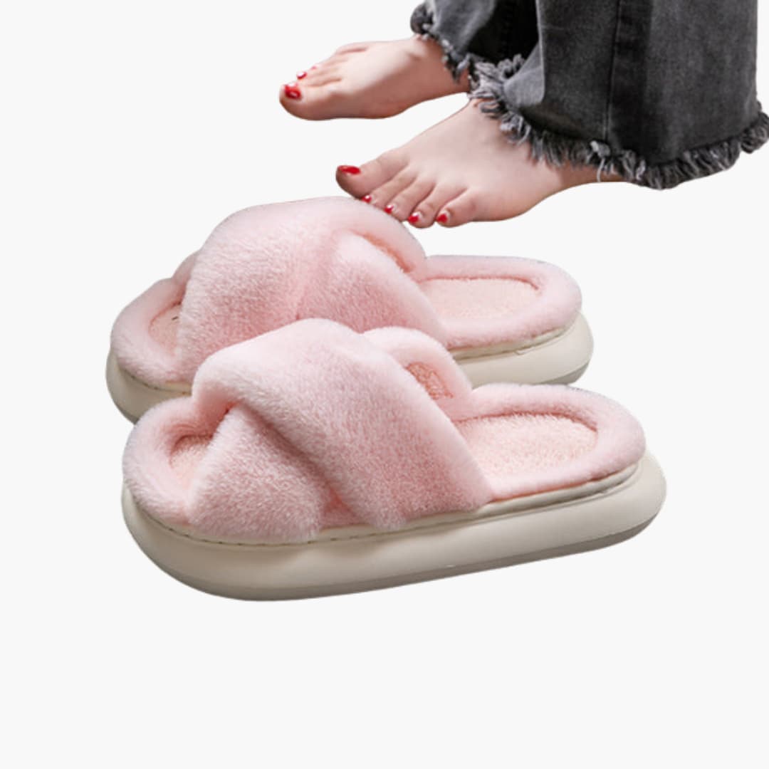 Damen Hausschuhe mit Kreuzriemen und Plüschfutter