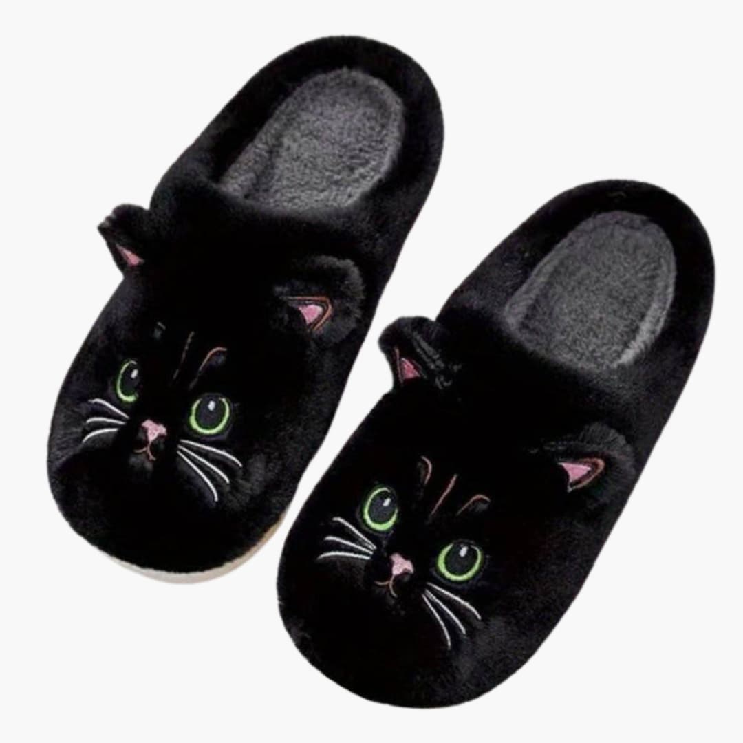 Damen Hausschuhe mit Plüschfutter und Katzenstickerei