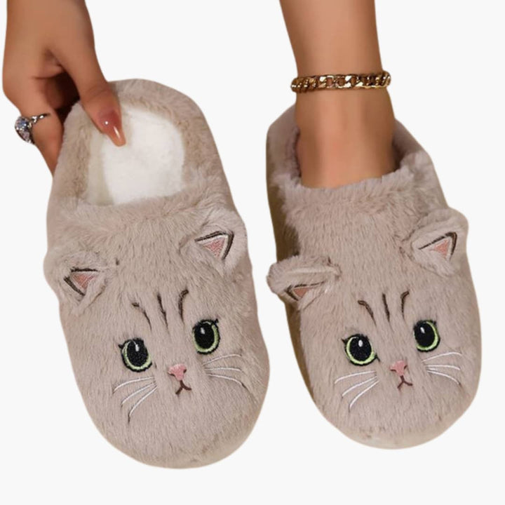 Damen Hausschuhe mit Plüschfutter und Katzenstickerei