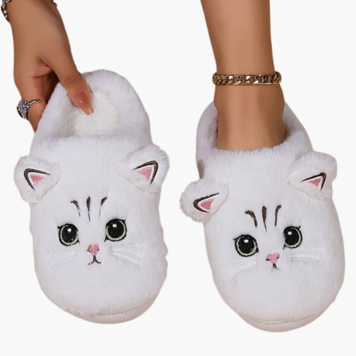 Damen Hausschuhe mit Plüschfutter und Katzenstickerei
