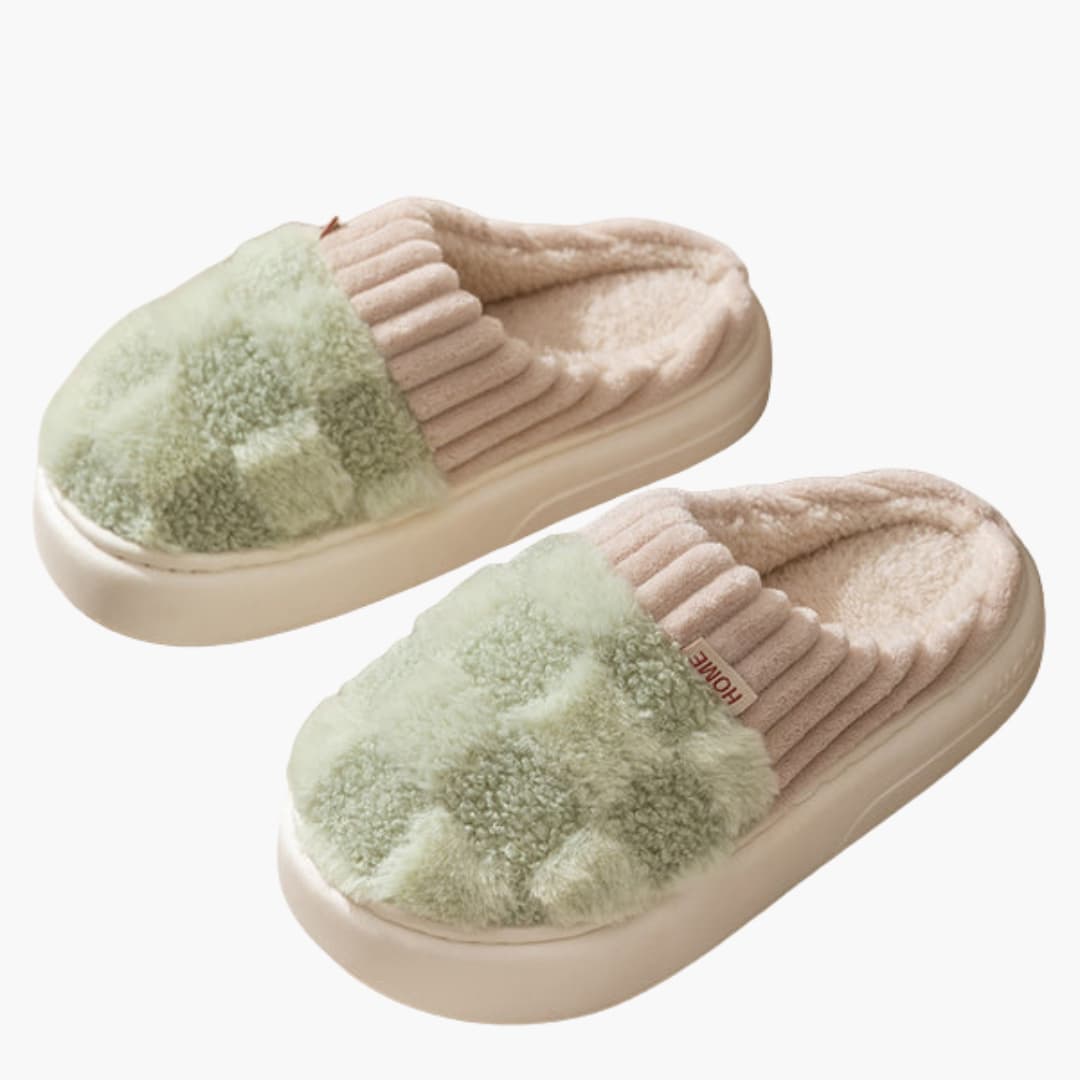 Damen Hausschuhe mit karierter Oberfläche und Plüschfutter