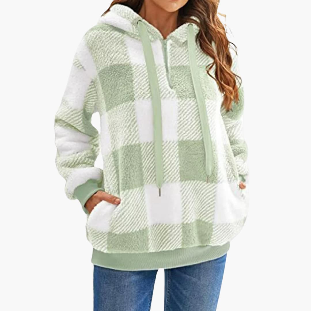 Damen Kapuzen pullover mit Karo-Muster Kängurutasche