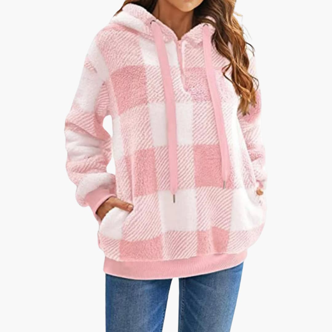 Damen Kapuzen pullover mit Karo-Muster Kängurutasche