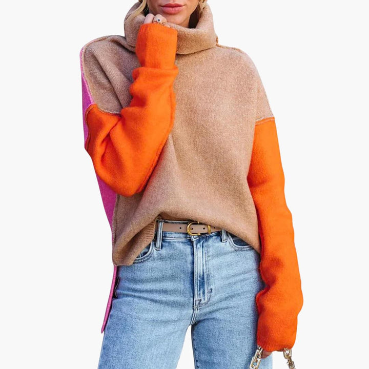 Damen Colorblock Strickpullover mit hohem Kragen