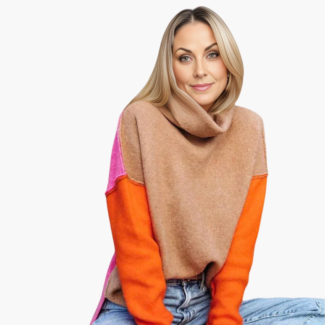 Damen Colorblock Strickpullover mit hohem Kragen