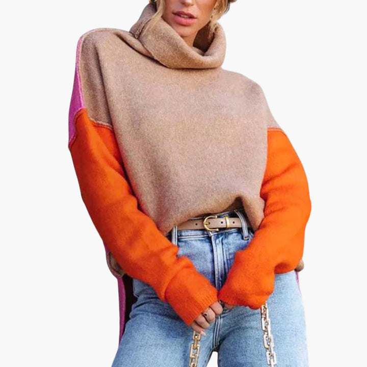 Damen Colorblock Strickpullover mit hohem Kragen